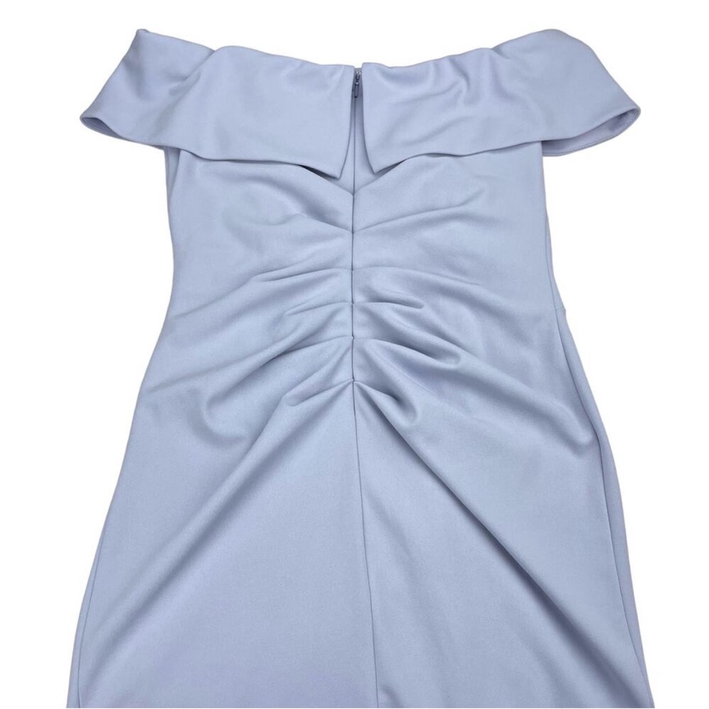 XSCAPE Wrenley Off-Shoulder Ruffled Crepe Sheath Dress Sz 14 Sky Blue - Picture 6 of 8